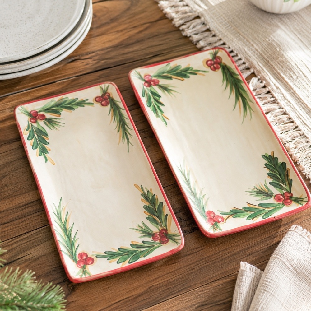 2 Christmas Platter By Gail Pittman Hand Painted"Christmas Memories"  14x7 VTG